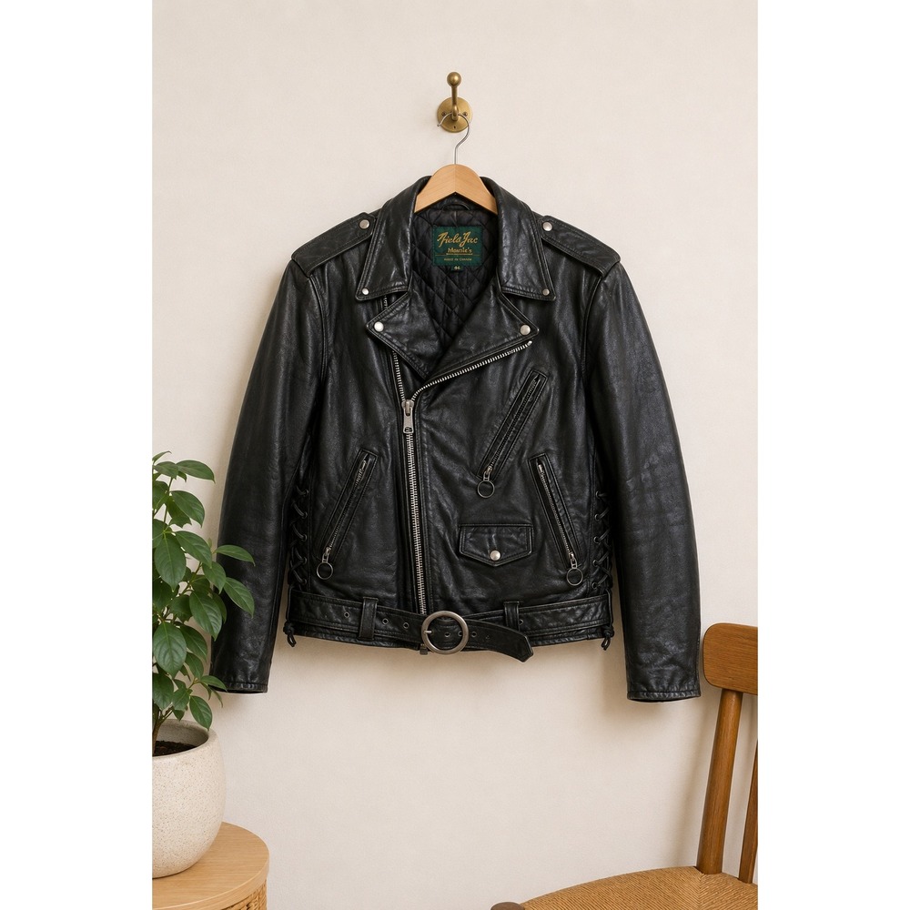 Vintage Canadian Women Black Leather Biker Jacket Moto Motorcycle Lace Up Bomber